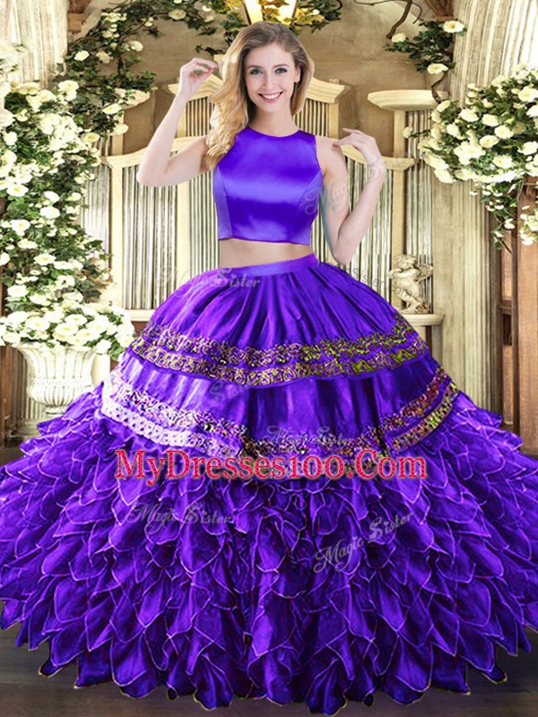 Clearance Sleeveless Floor Length Ruffles and Sequins Criss Cross Vestidos de Quinceanera with Purple