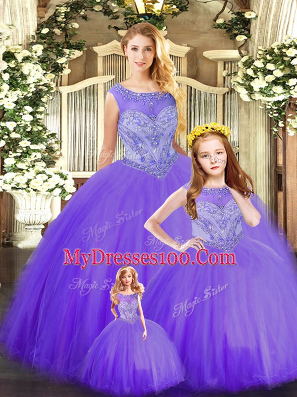 Pretty Sleeveless Tulle Floor Length Lace Up Quinceanera Gown in Purple with Beading