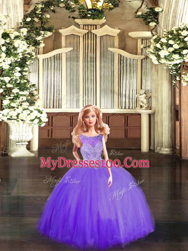 Pretty Sleeveless Tulle Floor Length Lace Up Quinceanera Gown in Purple with Beading