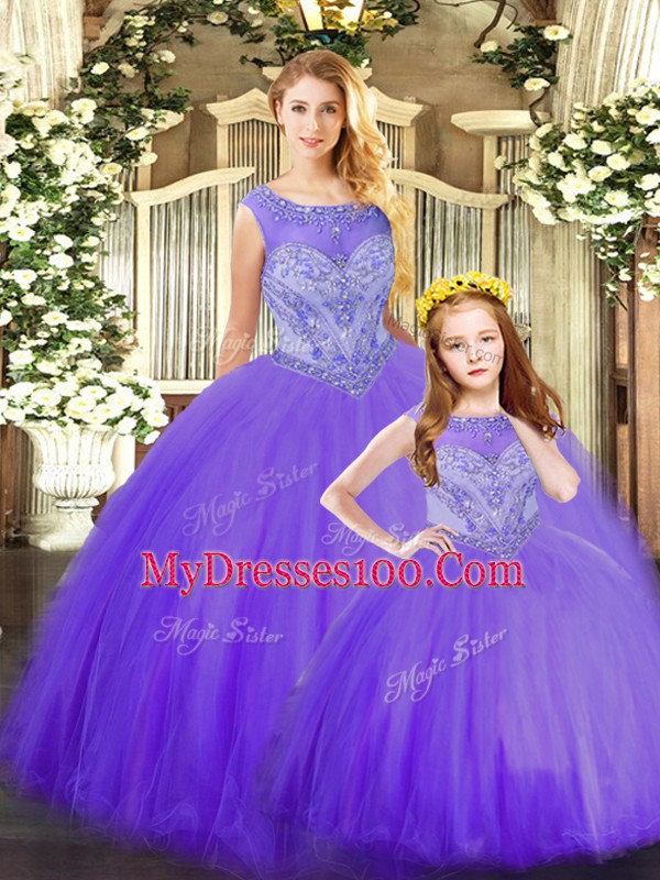 Pretty Sleeveless Tulle Floor Length Lace Up Quinceanera Gown in Purple with Beading