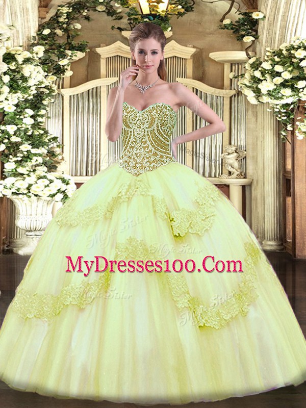 Low Price Yellow Green Sleeveless Floor Length Beading and Appliques Lace Up 15 Quinceanera Dress