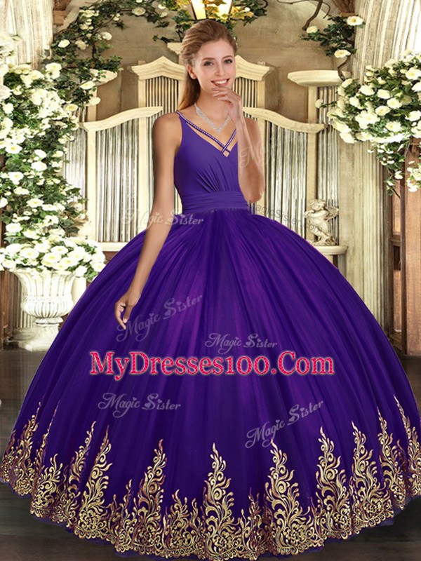 Comfortable Purple Backless V-neck Appliques Quinceanera Gowns Tulle Sleeveless