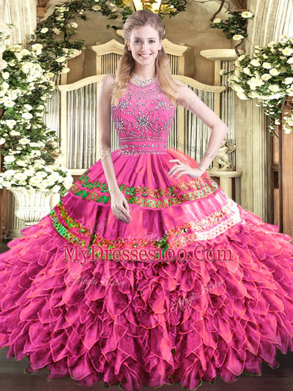 Hot Pink Tulle Zipper Halter Top Sleeveless Floor Length Ball Gown Prom Dress Beading and Ruffles and Sequins