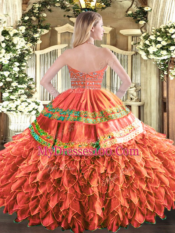 Hot Pink Tulle Zipper Halter Top Sleeveless Floor Length Ball Gown Prom Dress Beading and Ruffles and Sequins