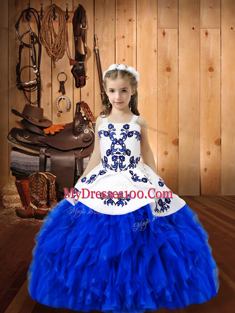 Royal Blue Sleeveless Embroidery and Ruffles Floor Length Little Girls Pageant Dress