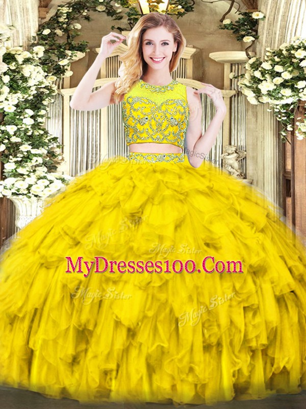 Sleeveless Floor Length Beading and Ruffles Zipper Quinceanera Dress with Gold