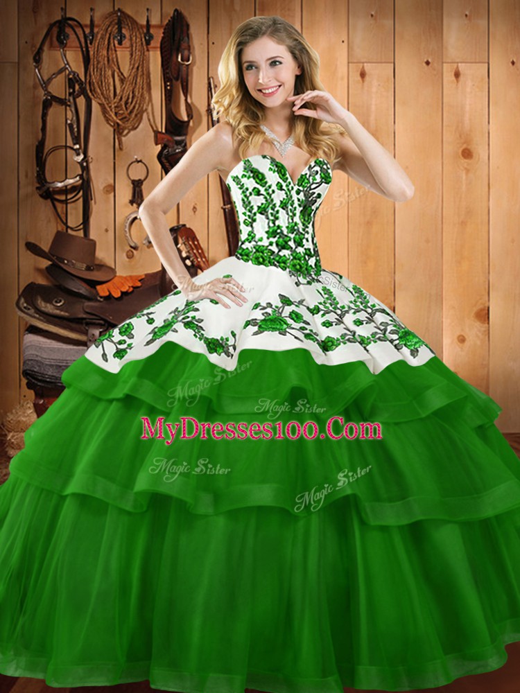Dark Green Organza Lace Up Sweetheart Sleeveless Quinceanera Dresses Sweep Train Embroidery