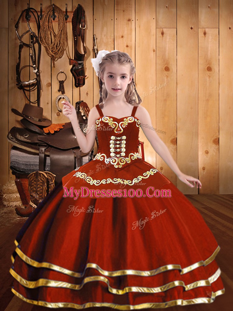 Eye-catching Rust Red Organza Lace Up Child Pageant Dress Sleeveless Floor Length Embroidery and Ruffles