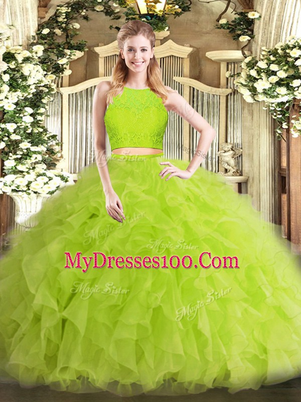Dynamic Floor Length Yellow Green Quinceanera Dresses Tulle Sleeveless Ruffles
