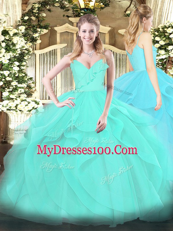 Traditional Spaghetti Straps Sleeveless 15th Birthday Dress Floor Length Ruffles Aqua Blue Tulle