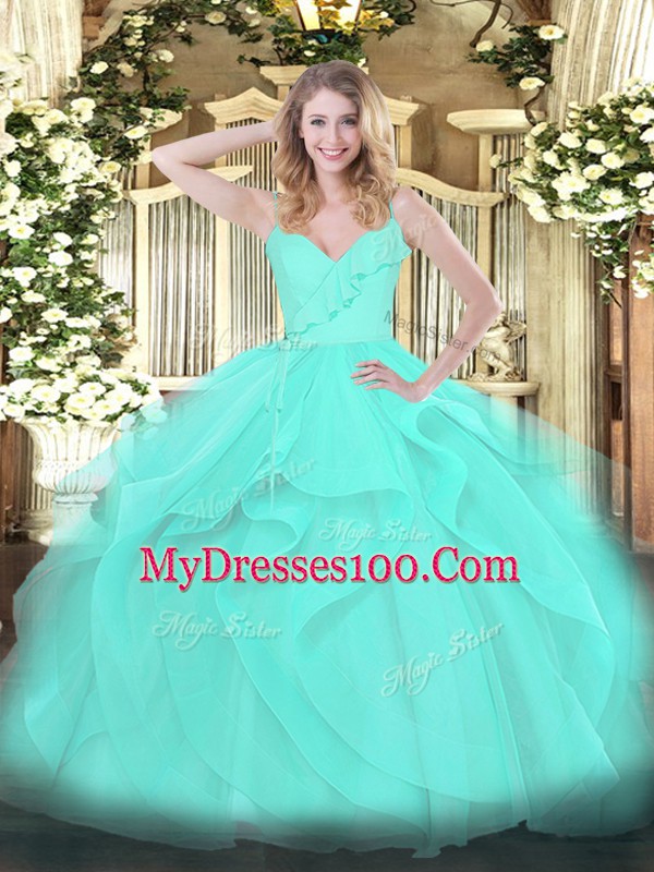 Traditional Spaghetti Straps Sleeveless 15th Birthday Dress Floor Length Ruffles Aqua Blue Tulle