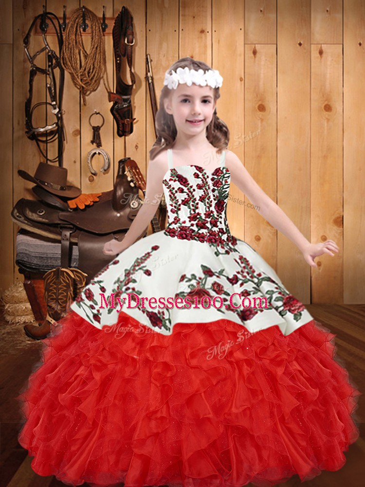 Red Organza Lace Up Girls Pageant Dresses Sleeveless Floor Length Embroidery and Ruffles