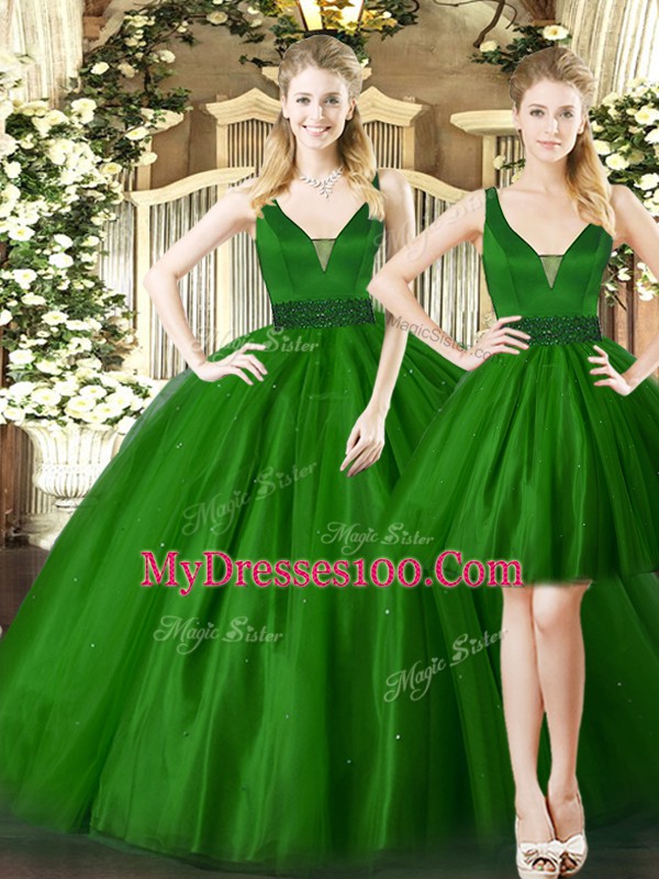 New Style Ruching Quince Ball Gowns Dark Green Lace Up Sleeveless Floor Length
