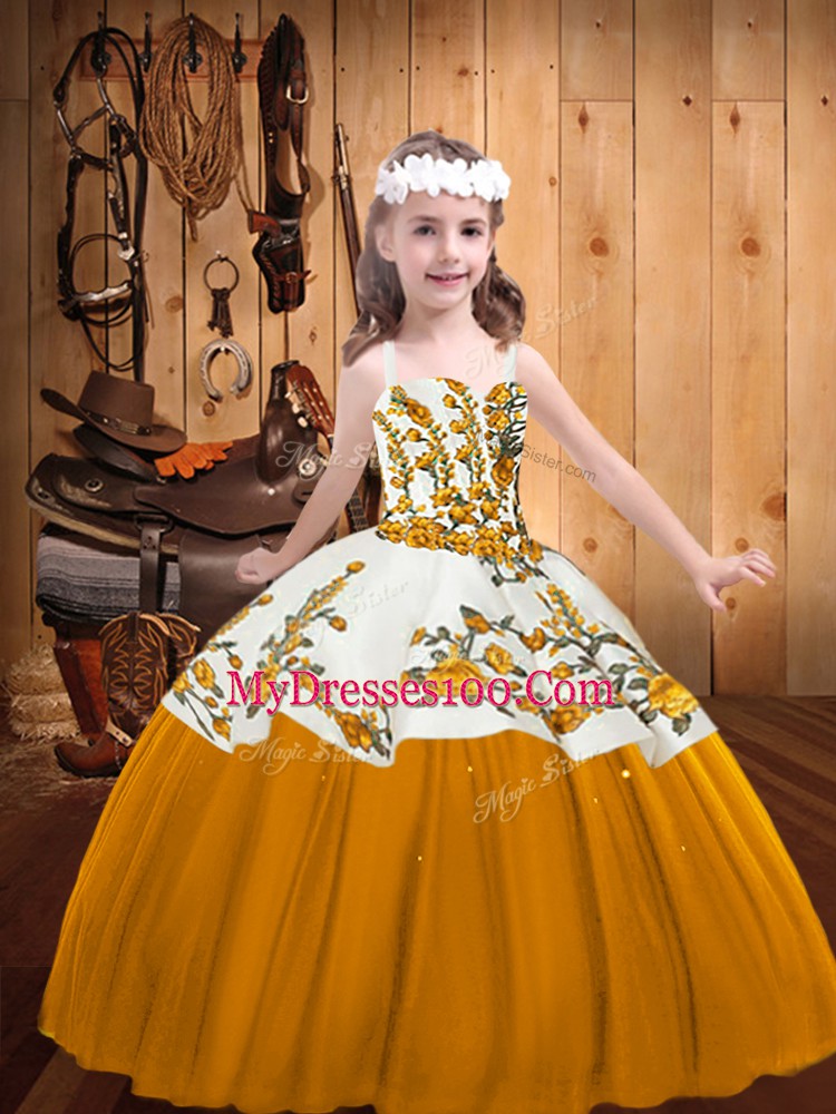 Gold Lace Up Straps Embroidery Pageant Gowns For Girls Tulle Sleeveless