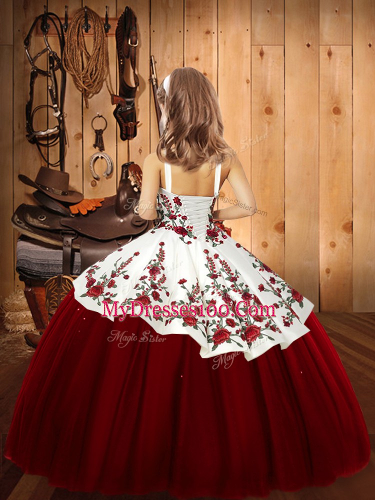 Gold Lace Up Straps Embroidery Pageant Gowns For Girls Tulle Sleeveless