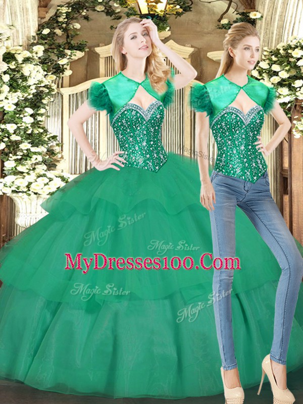 Sweetheart Sleeveless Tulle Vestidos de Quinceanera Beading and Ruffled Layers Lace Up