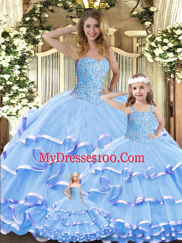 Flare Lavender Ball Gowns Organza Sweetheart Sleeveless Beading and Ruffled Layers Floor Length Lace Up 15 Quinceanera Dress