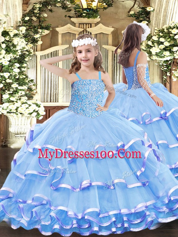Flare Lavender Ball Gowns Organza Sweetheart Sleeveless Beading and Ruffled Layers Floor Length Lace Up 15 Quinceanera Dress