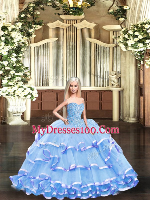 Flare Lavender Ball Gowns Organza Sweetheart Sleeveless Beading and Ruffled Layers Floor Length Lace Up 15 Quinceanera Dress