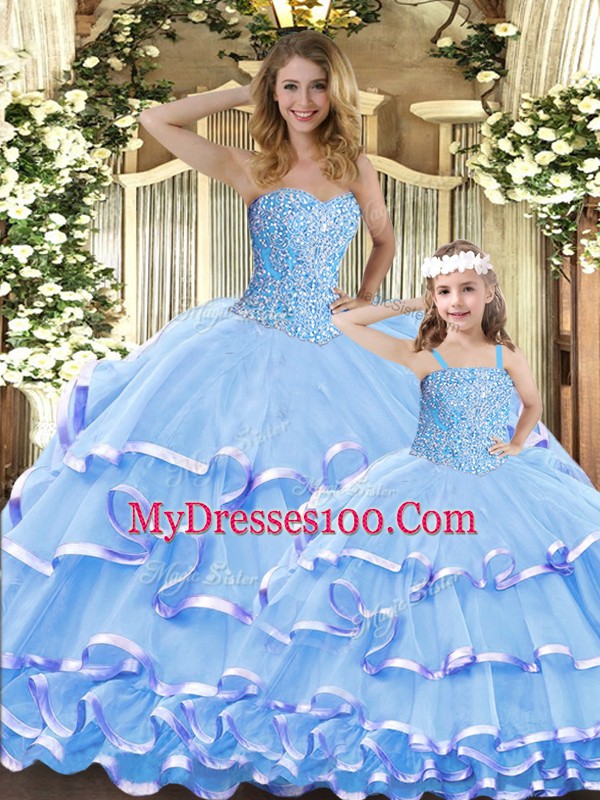 Flare Lavender Ball Gowns Organza Sweetheart Sleeveless Beading and Ruffled Layers Floor Length Lace Up 15 Quinceanera Dress