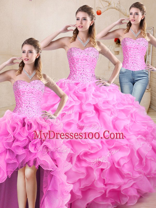 Beading and Ruffles Sweet 16 Dress Rose Pink Lace Up Sleeveless Floor Length