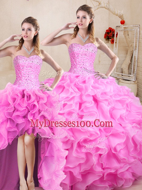 Beading and Ruffles Sweet 16 Dress Rose Pink Lace Up Sleeveless Floor Length