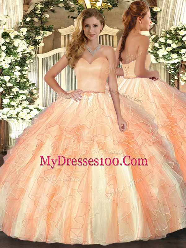 Orange Sleeveless Organza Lace Up Quinceanera Gowns for Military Ball and Sweet 16 and Quinceanera