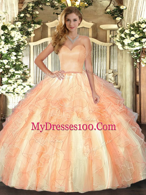Orange Sleeveless Organza Lace Up Quinceanera Gowns for Military Ball and Sweet 16 and Quinceanera