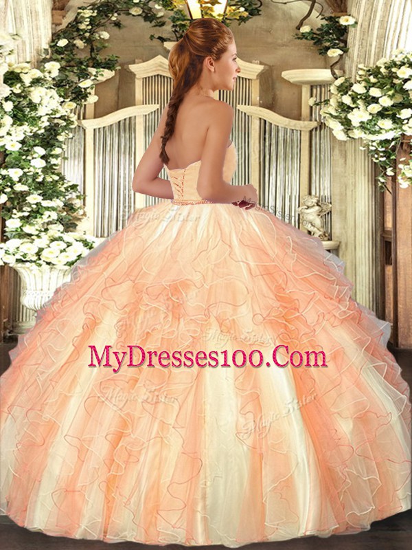 Orange Sleeveless Organza Lace Up Quinceanera Gowns for Military Ball and Sweet 16 and Quinceanera