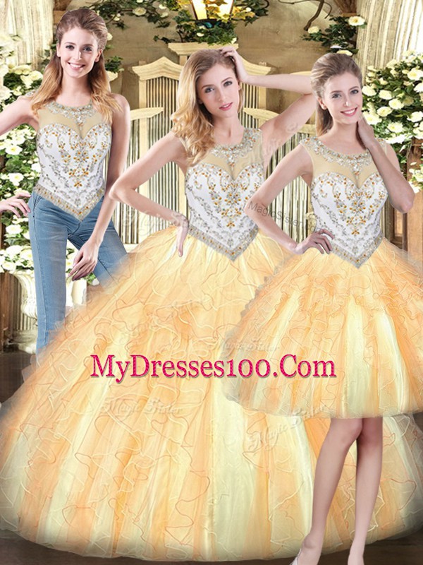 Gold Sleeveless Organza Zipper Quince Ball Gowns for Military Ball and Sweet 16 and Quinceanera