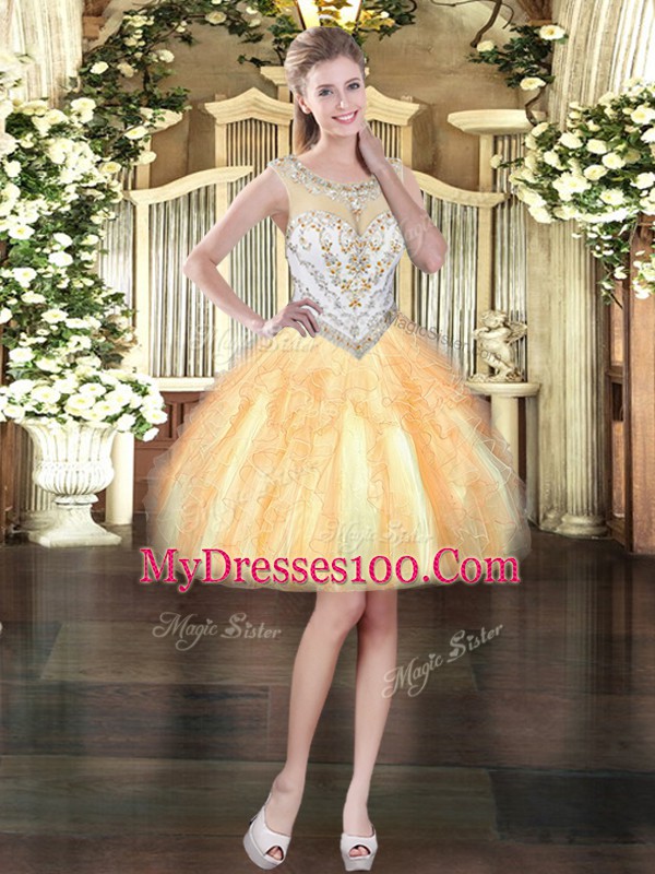 Gold Sleeveless Organza Zipper Quince Ball Gowns for Military Ball and Sweet 16 and Quinceanera