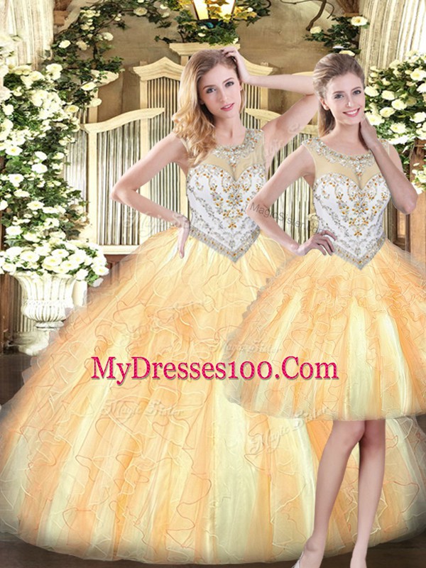 Gold Sleeveless Organza Zipper Quince Ball Gowns for Military Ball and Sweet 16 and Quinceanera