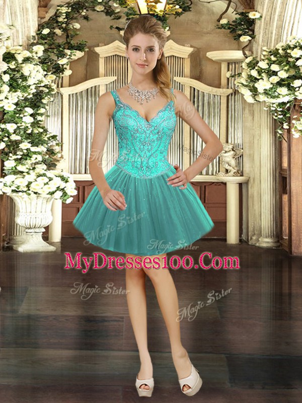Stylish Turquoise Lace Up Party Dress Beading Sleeveless Mini Length