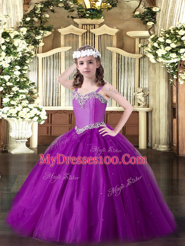Fashionable Sleeveless Floor Length Beading Lace Up Little Girls Pageant Dress Wholesale with Eggplant Purple