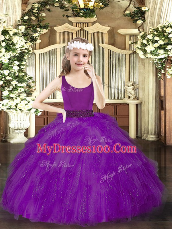 Ball Gowns Pageant Dress Wholesale Purple Scoop Tulle Sleeveless Floor Length Zipper