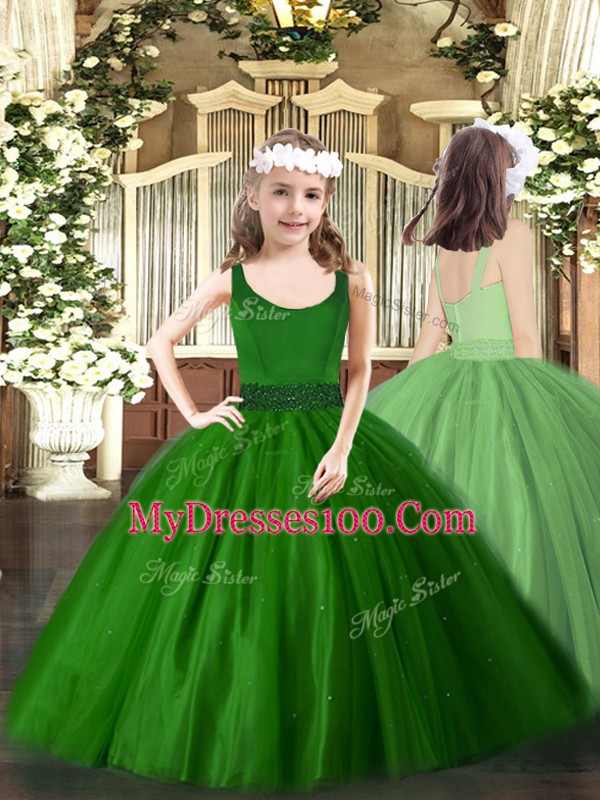 Affordable Dark Green Little Girl Pageant Dress Party and Quinceanera with Beading Scoop Sleeveless Zipper