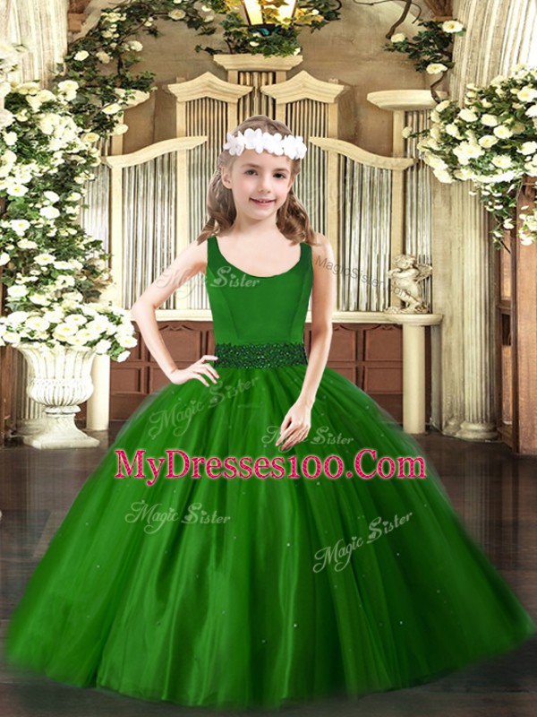 Affordable Dark Green Little Girl Pageant Dress Party and Quinceanera with Beading Scoop Sleeveless Zipper