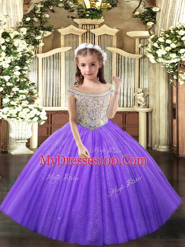 Lavender Tulle Lace Up Girls Pageant Dresses Sleeveless Floor Length Beading