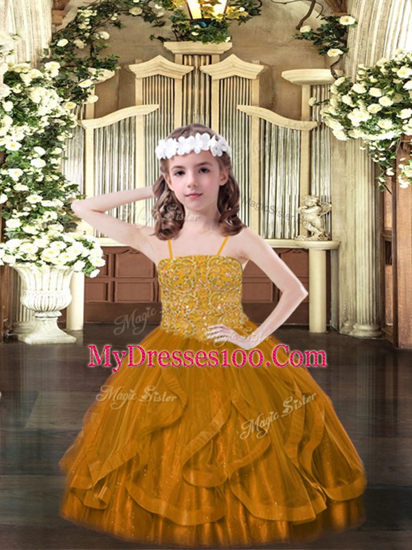 Sleeveless Floor Length Beading and Ruffles Lace Up Little Girls Pageant Gowns with Brown