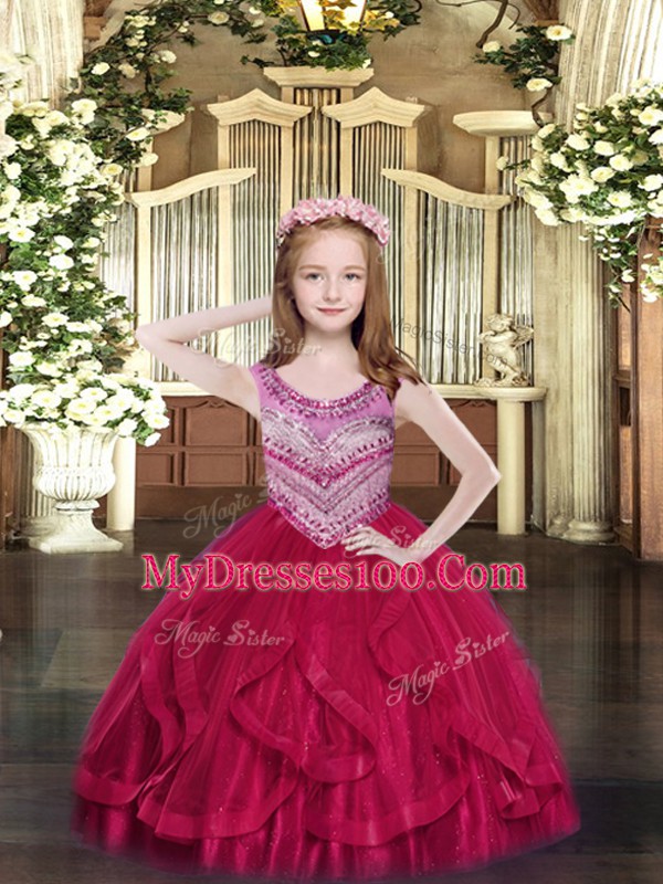 Floor Length Hot Pink Little Girl Pageant Dress Scoop Sleeveless Lace Up