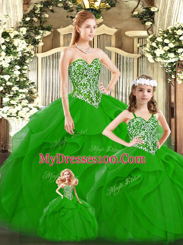 Ball Gowns Quinceanera Gown Green Sweetheart Tulle Sleeveless Floor Length Lace Up