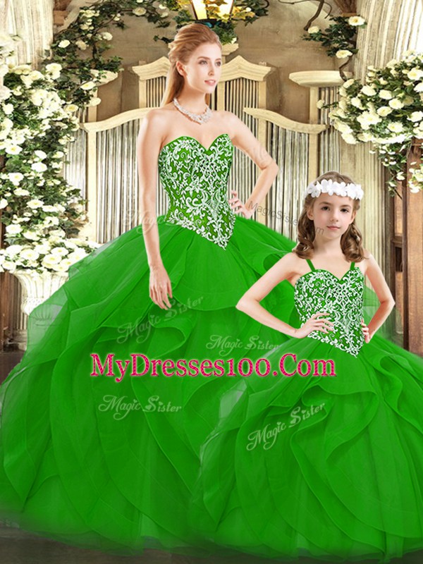 Ball Gowns Quinceanera Gown Green Sweetheart Tulle Sleeveless Floor Length Lace Up