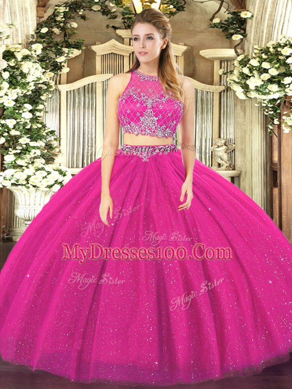 Scoop Sleeveless Zipper Vestidos de Quinceanera Fuchsia Tulle