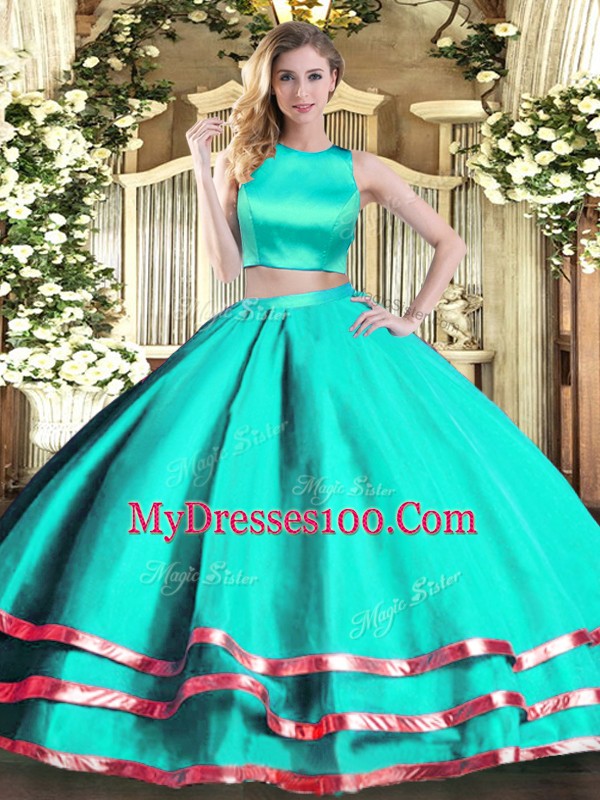Two Pieces Ball Gown Prom Dress Turquoise High-neck Tulle Sleeveless Floor Length Criss Cross