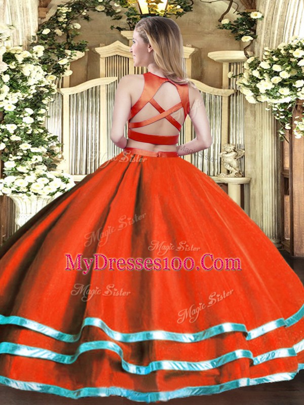Two Pieces Ball Gown Prom Dress Turquoise High-neck Tulle Sleeveless Floor Length Criss Cross