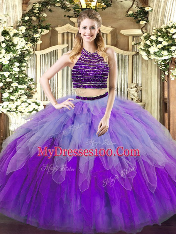 Flare Multi-color Two Pieces Halter Top Sleeveless Tulle Floor Length Lace Up Beading and Ruffles Vestidos de Quinceanera