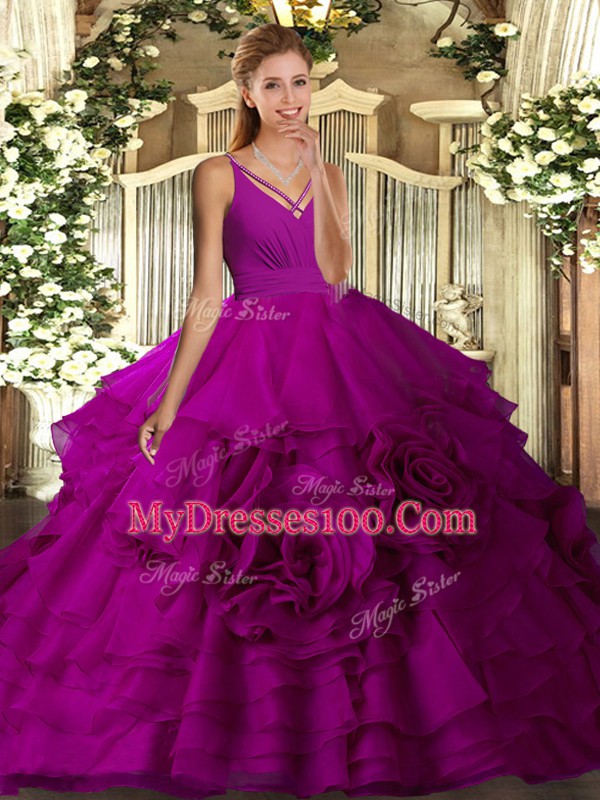 New Arrival Fuchsia Backless V-neck Beading and Ruffled Layers 15 Quinceanera Dress Organza Sleeveless