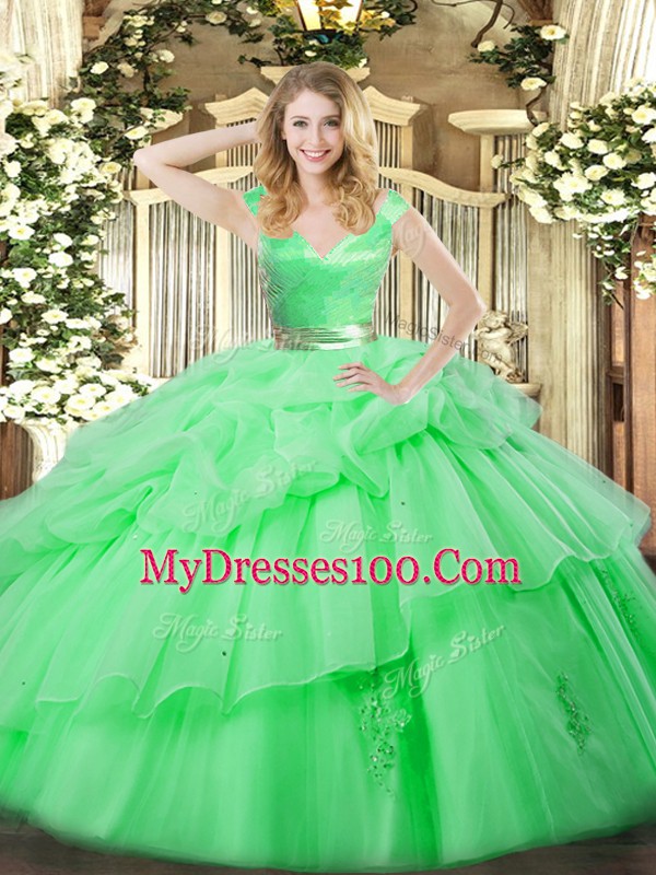 Green Quinceanera Dress Military Ball and Sweet 16 and Quinceanera with Ruffled Layers V-neck Sleeveless Zipper
