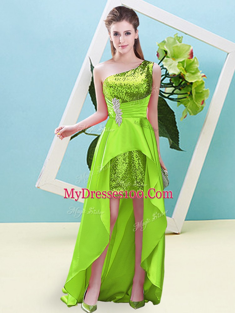 Beading and Sequins Prom Dress Yellow Green Lace Up Sleeveless High Low