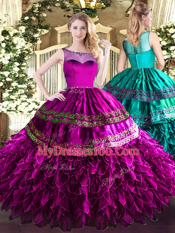 Sweet Sleeveless Organza and Taffeta Floor Length Zipper Quinceanera Gowns in Fuchsia with Beading and Ruffles